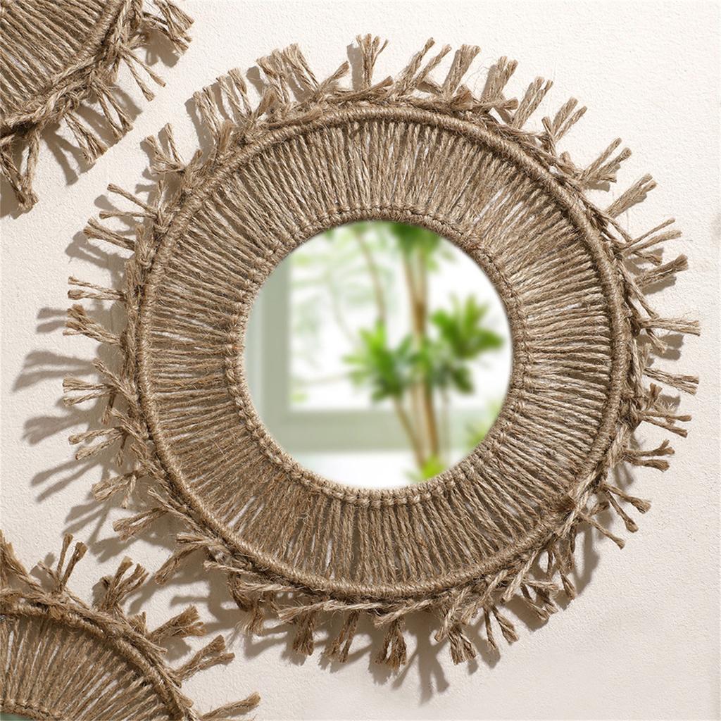 Round Wall Mirror Handwoven Cotton Rope Macrames Fringed Tassels Hanging Makeup Mirror for Bedroom Living Room Decors