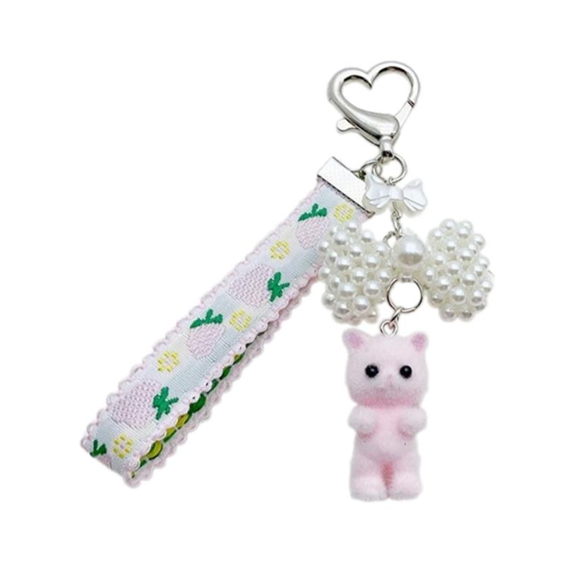 Flocking Cat Pendant Keychain Pearl Bows Shaped Key Chain Bowknot Keyring Jewelry Camera Bag Decors Handmade Gift