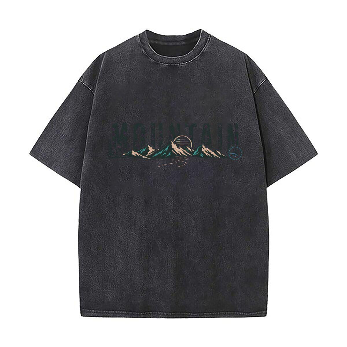 Minimal Mountain Horizon Wordmark Em Washed Faded Vintage Short Sleeve Fashion Versatile Daily Tee M