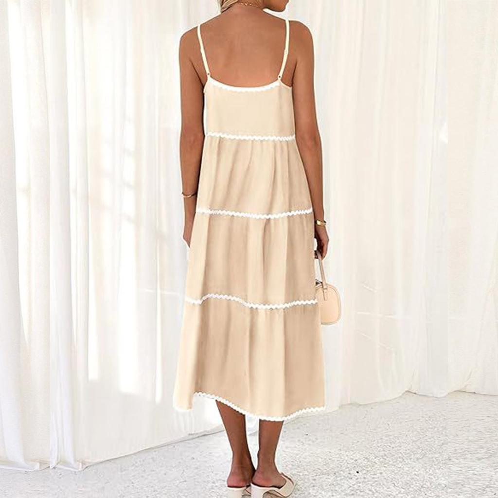 Women Summer Dresses Sling Dresses Solid Color Boho Long Dresses
