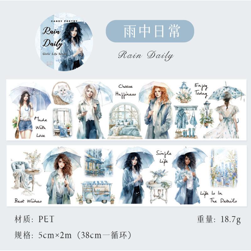 200cm/Rolle Wasserdichtes PET-Klebeband Literarisches Mädchen Alltagsszene Hand Zeltkarte Tasse Collage Material DIY Grußkartendekoration