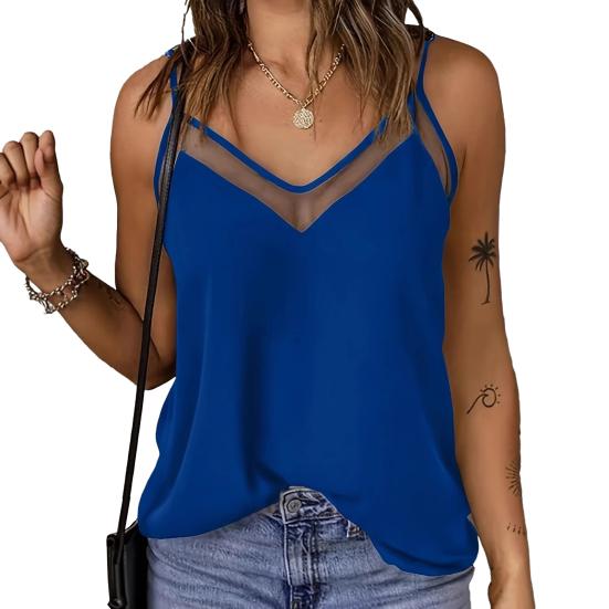 Women Tops Sling Spaghetti Straps V-Neck Mesh Splicing Loose Drape Cut Vest Soft Fabric Summer Casual Tank Tops