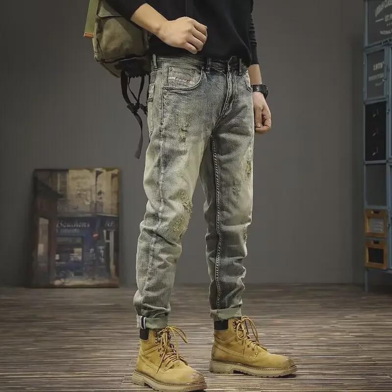 Pánské retro džíny s roztrhaným vzorem a úzkým střihem na jaro a léto