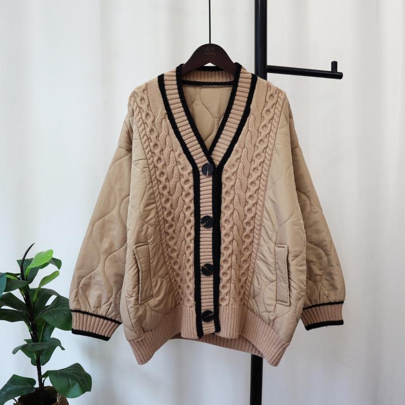 Autumn and Winter Loose Splicing Cotton Clothes Sweater Jacket Women's Lazy Wind Thickened Contrasting Color Knitted Cardigan Commuter Wind