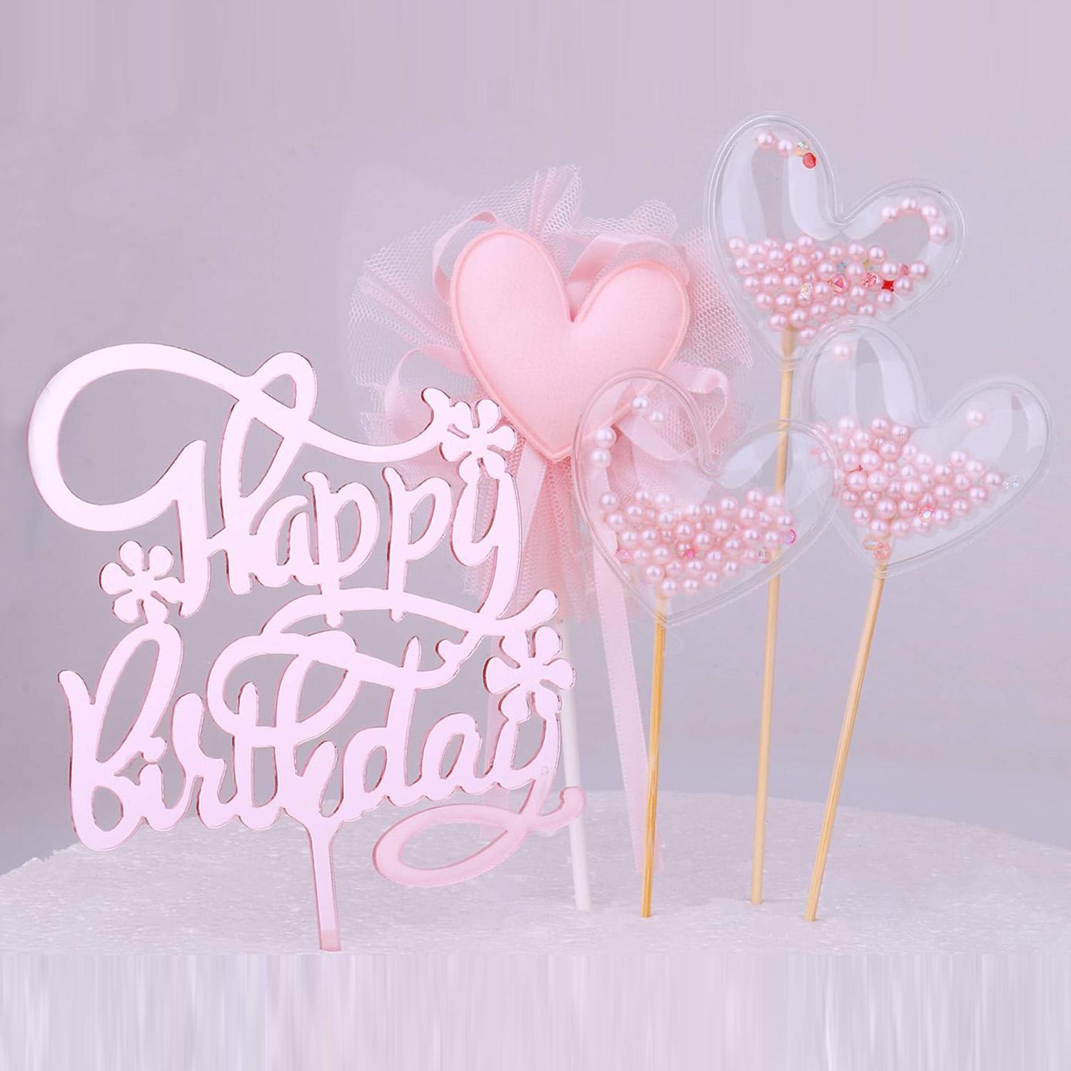 

Restards Rose Gold Happy Birthday Cake Topper Heart Pink Pearls Cupcake Toppers for Girls Princess Party Decorations Supplies