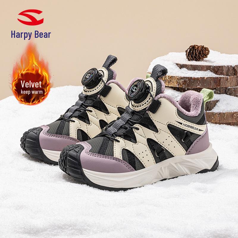 Happy Bear Boys  Winter Plush-Lined Two-Layer Cotton Sports Shoes - Cold-Resistant Campus Casuals 30 фиолетовый/бежевый