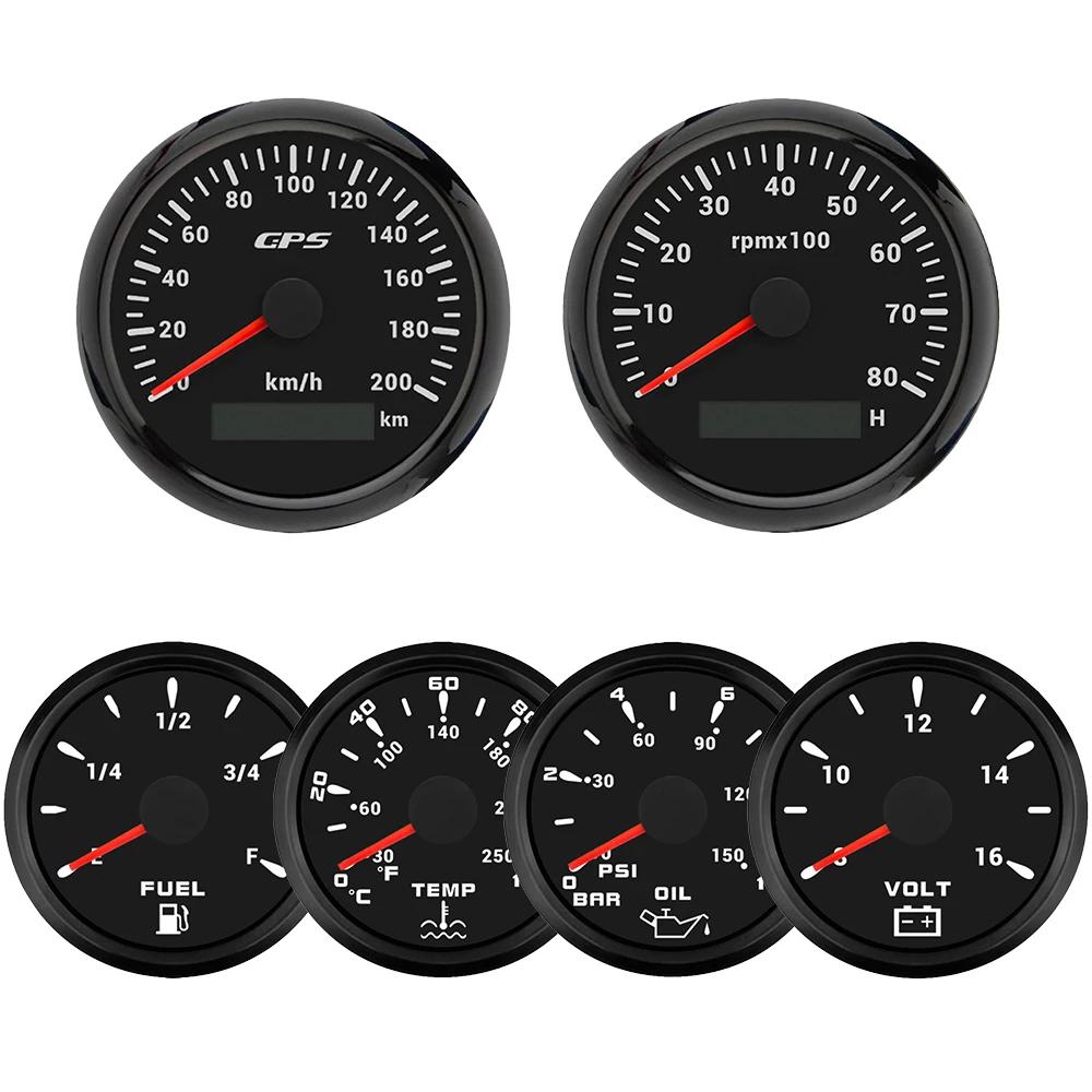 ELING 6 Gauge Set 85mm 200km/h 160MPH GPS Speedometer Tachometer 52mm 0-120℃ Water Temp Oil Pressure Fuel Level Voltmeter 12V