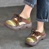 Johnature Genuine Leather Lace-up Thick Soled Shoes Retro Mixed Colors Round Toe Women's Flat Shoes