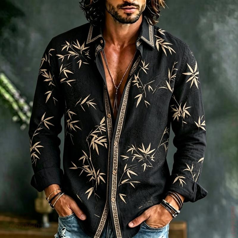 Men's Long Sleeved Shirt with Bamboo Leaf Pattern Full Printing, Daily Commuting, Travel, Vacation, Fashionable and Trendy Shirt