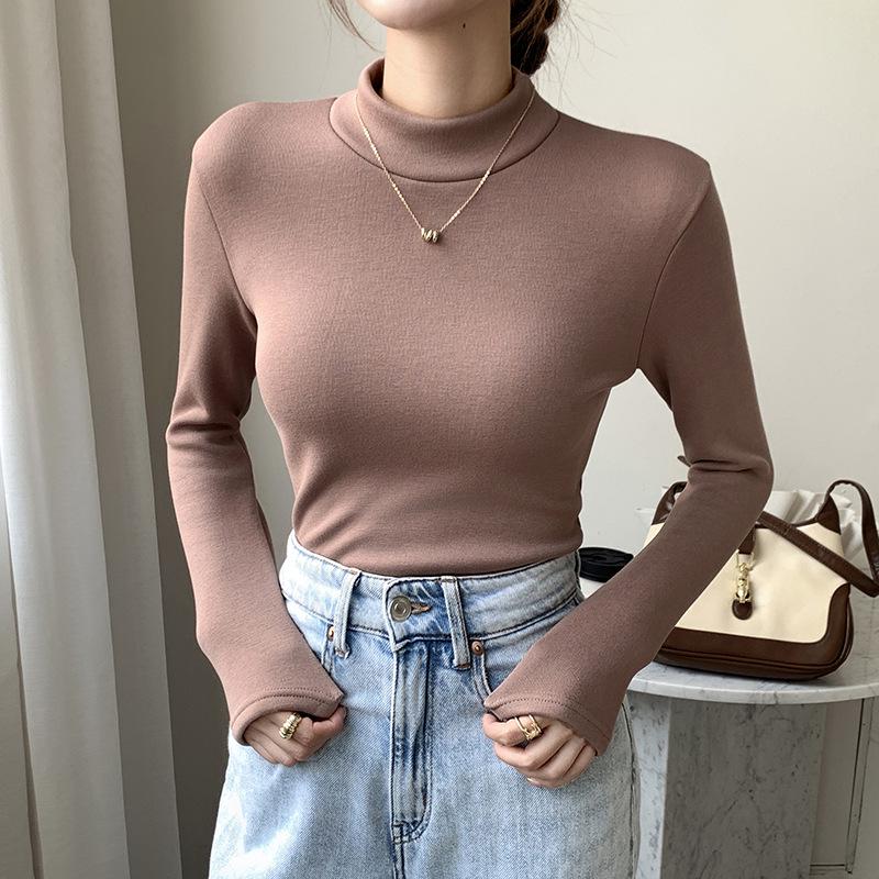 Women's Modal Velvet Half-High Collar Long-Sleeved Slim Warm Bottoming Shirt for Autumn and Winter