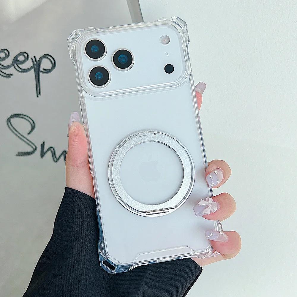 Fashion Gradient Airbags Clear Armor Case for IPhone 17Air 16 15 14 Plus 13 12 Pro Max Shockproof Metal Ring Stand Protect Cover