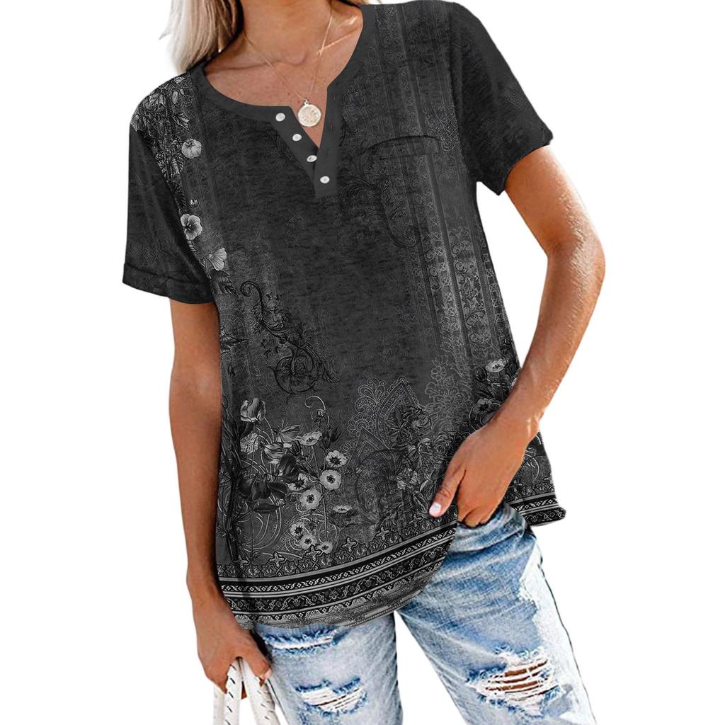 Damska Modna Casualowa Letnia Retro Nadruk Dekolt V Guziki Krótki Rękaw Góra