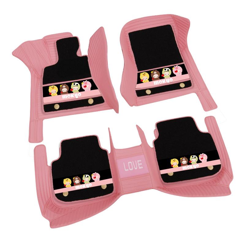 Custom Leather Car Floor Mats for Women - Cartoon Design, Double-Layer, Full Coverage