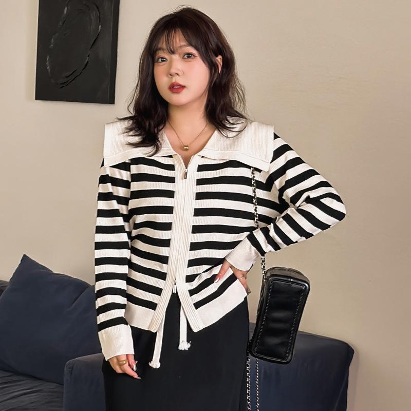 Plus Size Women's Autumn Navy Collar Jacket Top Striped Long Sleeve Knitted Cardigan