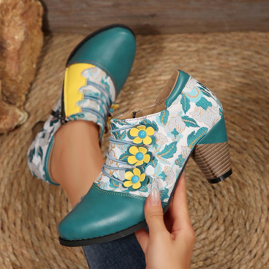 Fashion Women Ankle Boots 2025 Autumn/Winter New Retro Boots Women Printed High Heels Shoes Mixed Colors Flower Side Zipper Women Shoes