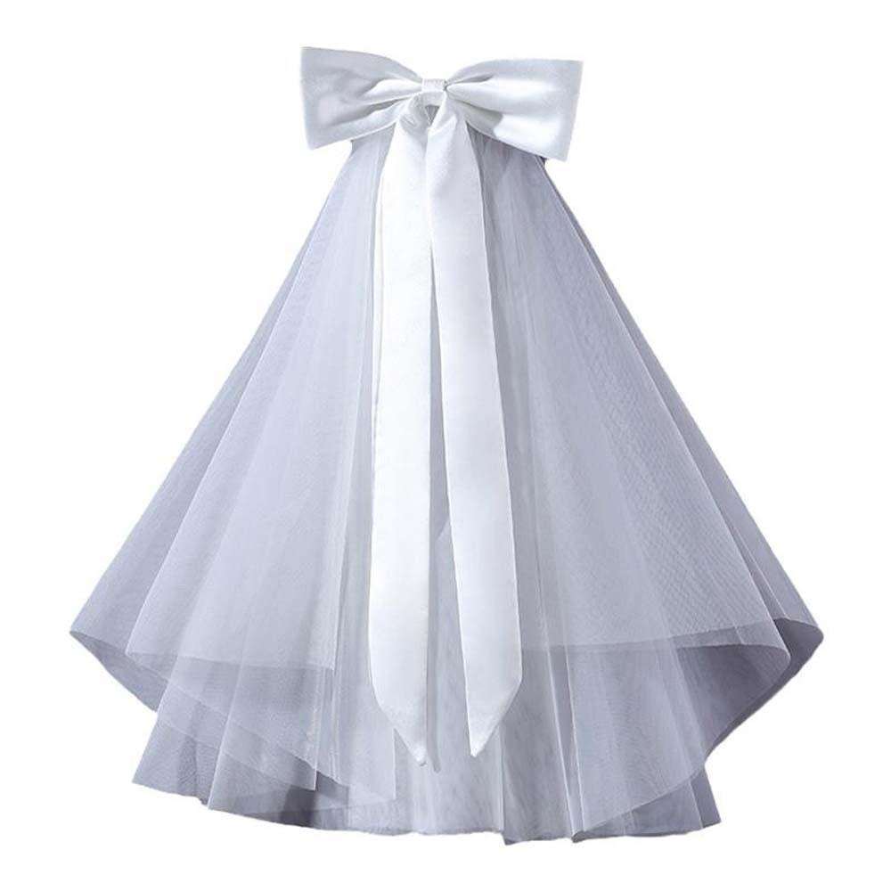 Single Layer Bride's White Headgear Romantic Bridal Headdress Elegant Long Satin Bow Veil  Wedding