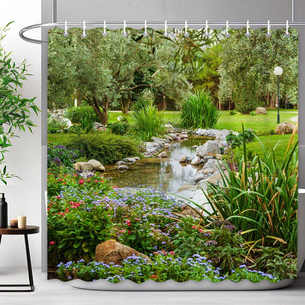 Outdoor Scenic Forest Shower Curtain With Hooks Green Plant Tree Waterfall Landscape Waterproof Shower Curtains Bathroom Decor
