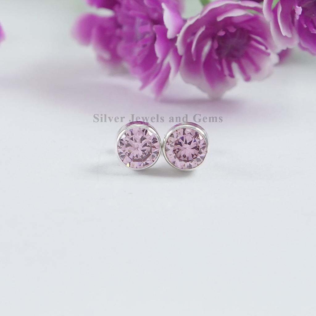 Pink CZ Stud Earrings, 925 Sterling Silver Earrings, Cubic Zirconia Stud Earrings, Gift for Her, Tiny Studs, Women Studs, Gemstone Studs