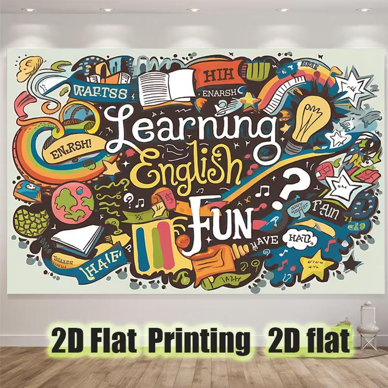 

2D English Education Backdrop, Learning English Fun Graffiti Background for Kids English Learning Party 47.2x31.5inch/120*80cm