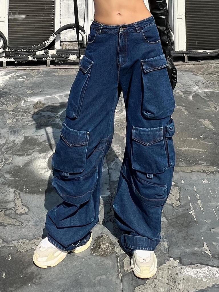 Autumn 2025 Women's High-Waisted Wide-Leg Jeans with Large Pockets and Casual Style