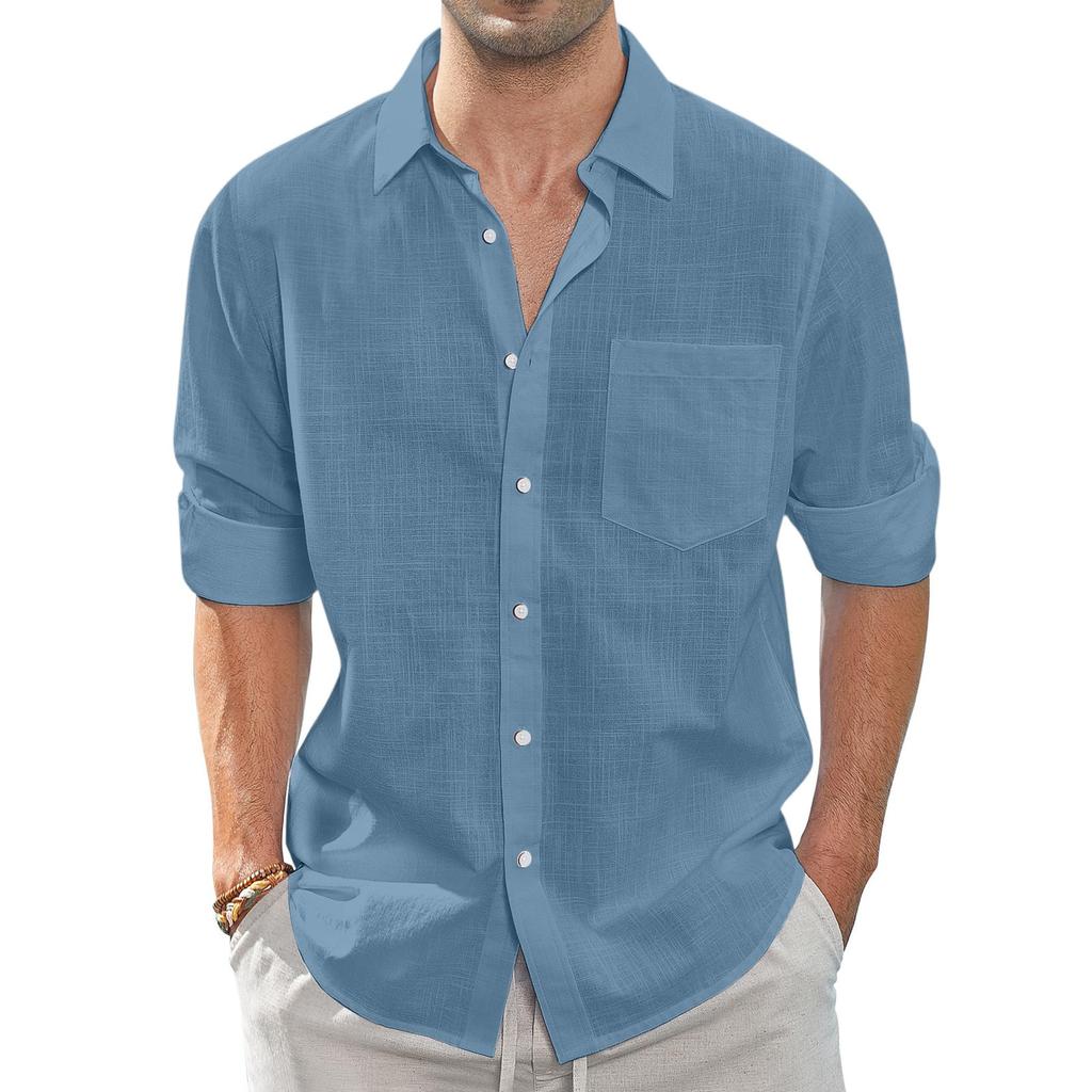 Summer Men's Collar Pocket Short Sleeved Cardigan Solid Color Shirt Top