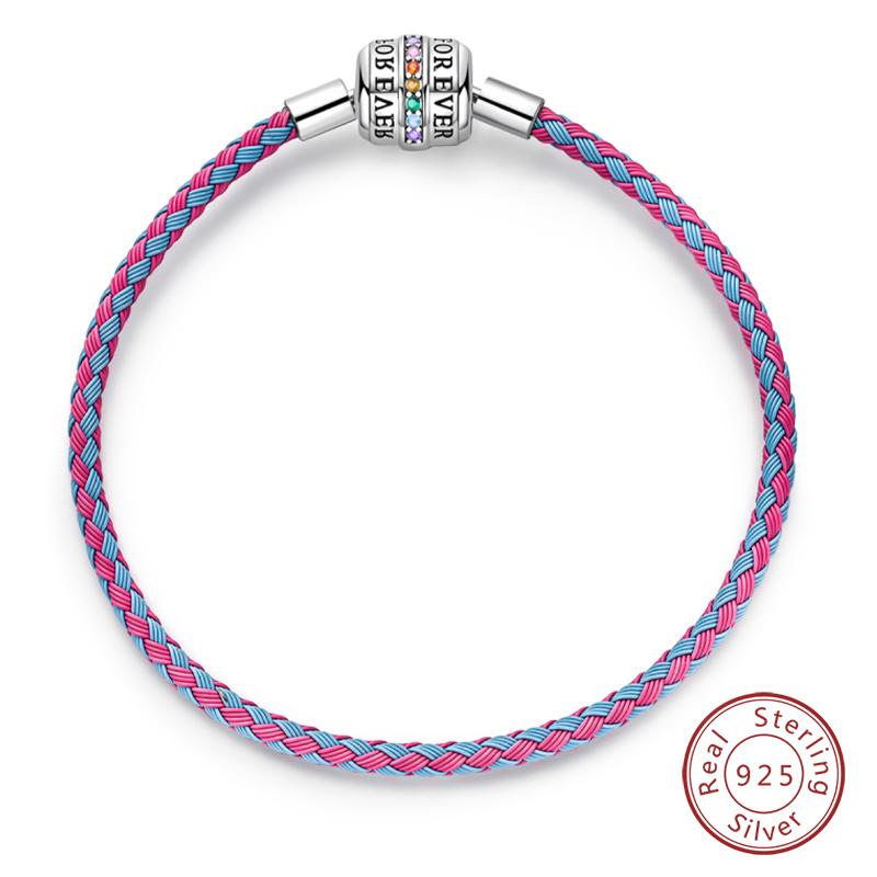 Bracelet 925 Silver Charm Bracelet 17-20CM Shell Blue Leather Rope Bracelet For Women DIY Charm Jewelry Gifts