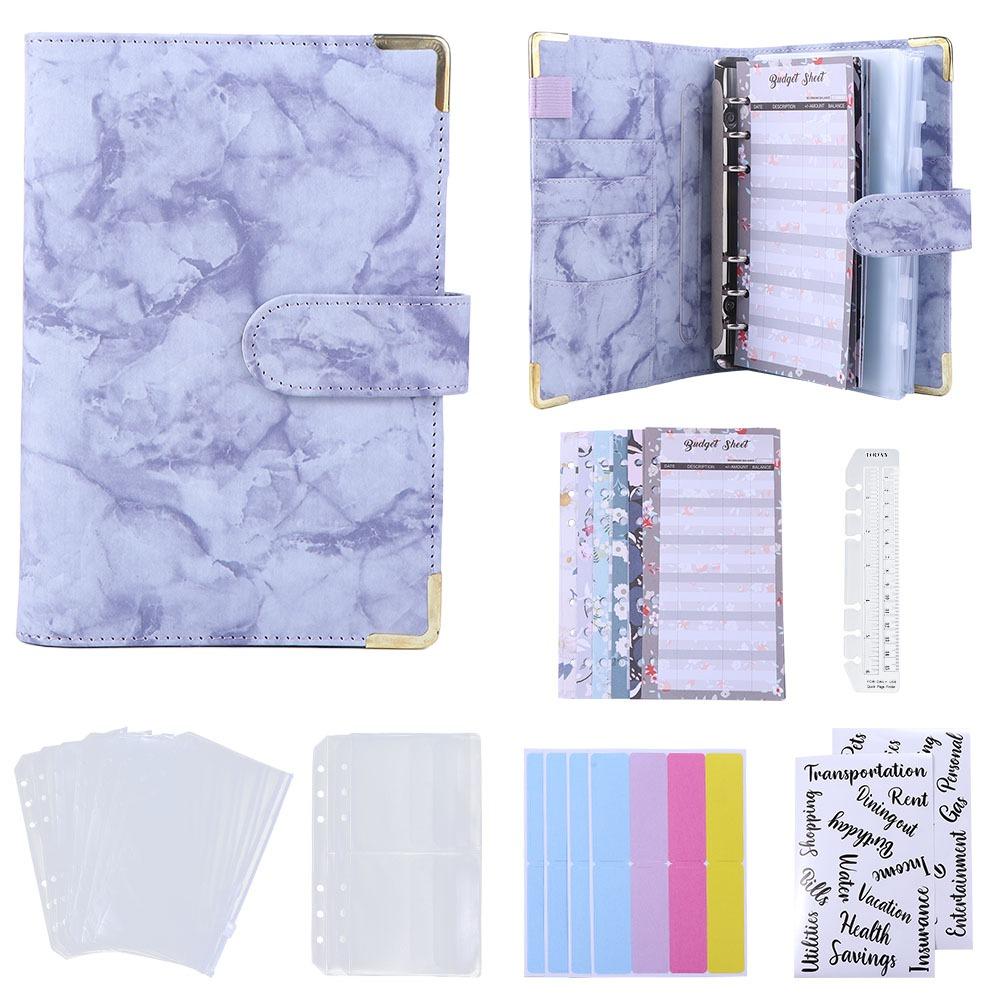 Zipper Envelope PU Leather Notebook Binder 6 Ring Binder Marble Budget Binder Marble Notebook