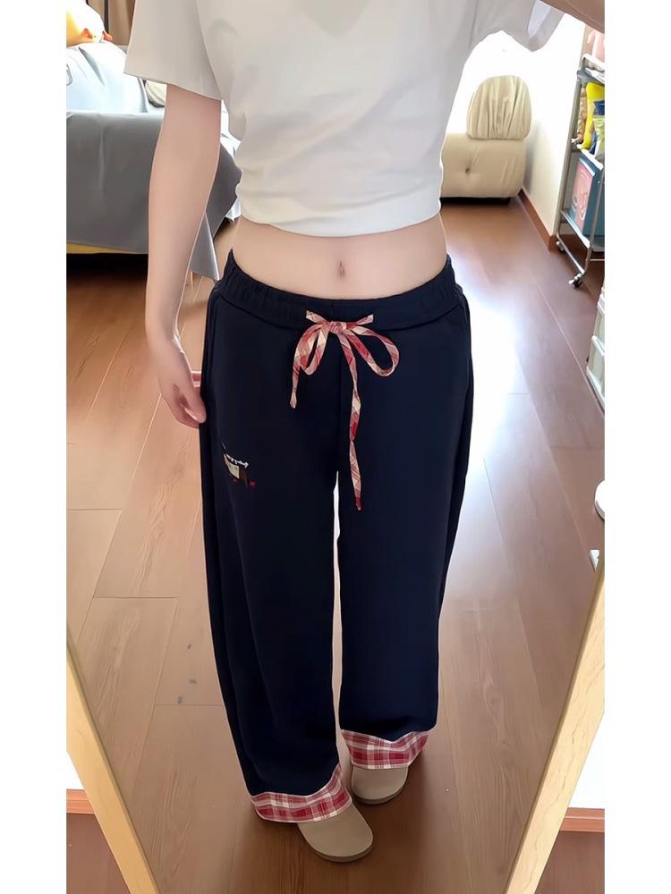 

Women s Early Spring Retro Plaid Patchwork Casual Wide-Leg Cuffed Sweatpants L темно-синий