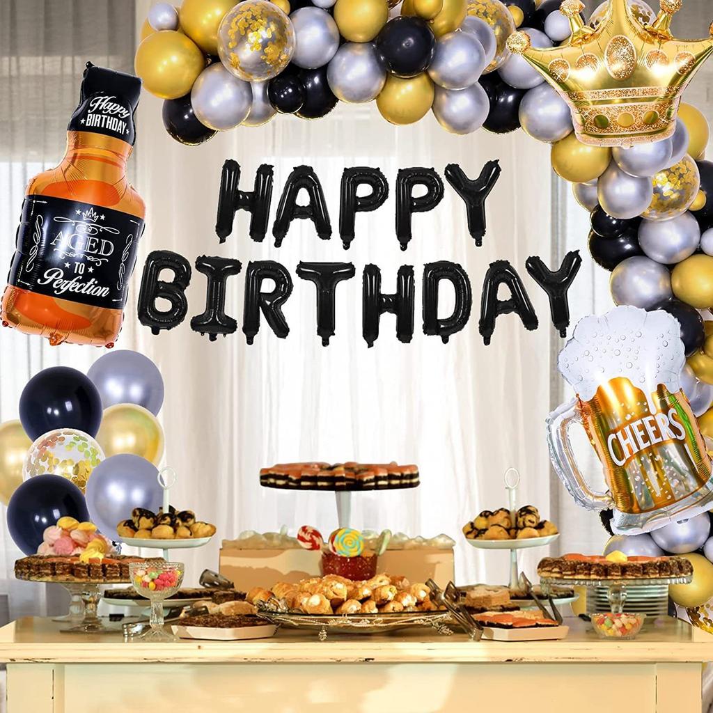 Beer-themed Black and Gold Birthday Party Wine Bottle Aluminum Film Latex Balloon Set of Decorative Items