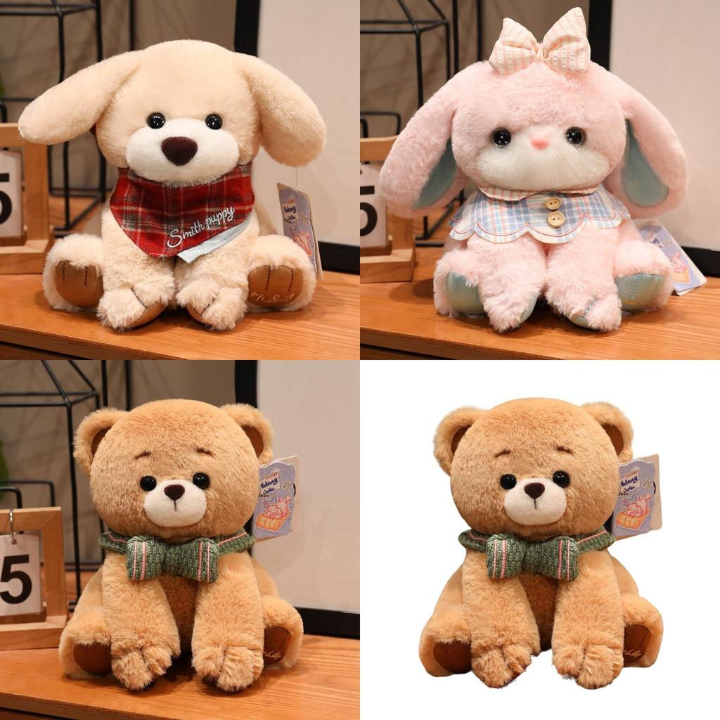 Bear Rabbit Dog Plush Toys With Checkered Scarf Decoration For Kids Birthday Gift