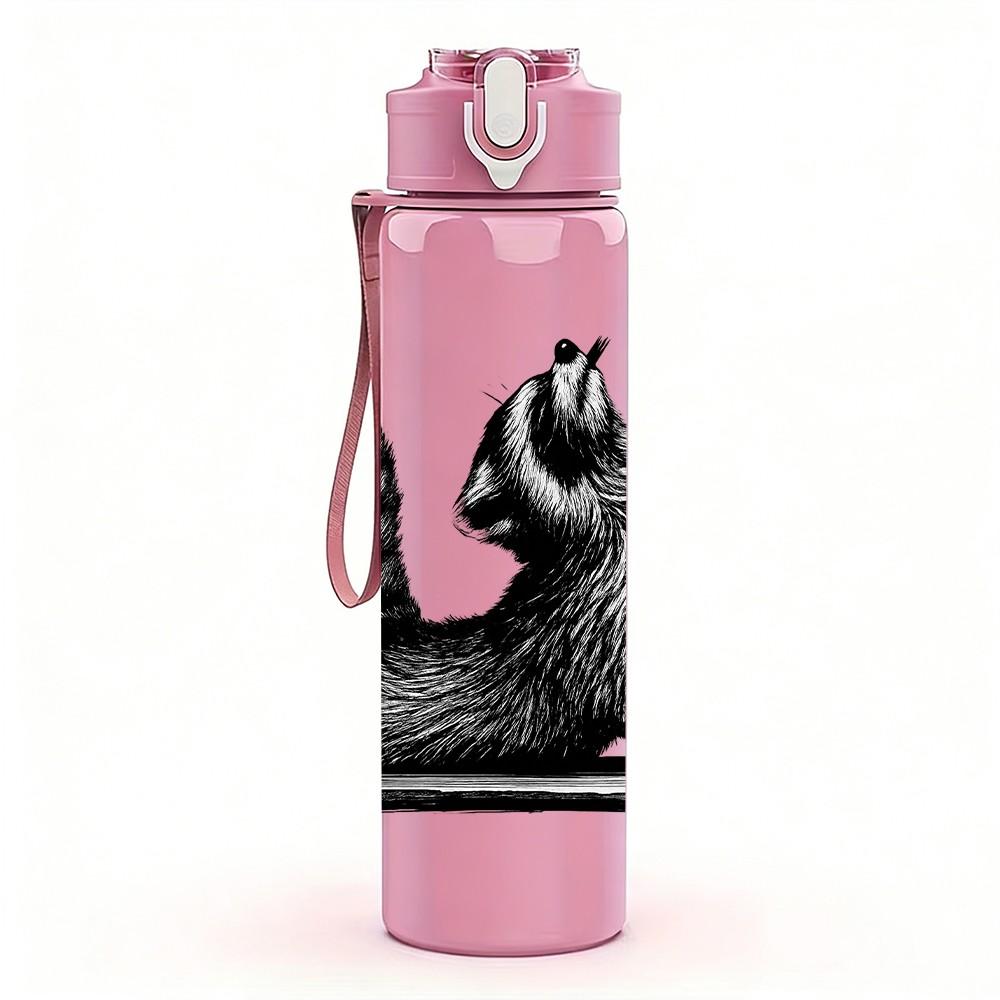 1PC Striped Fluffy Raccoon 750ml Color Plastic Sports Water Bottle Leakproof Flip Straw Lid Suitable for Sports Office Home Use