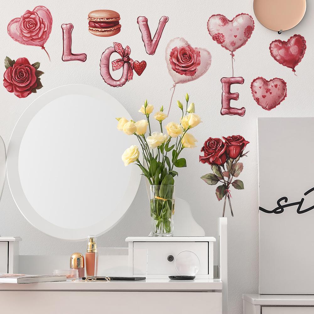 Pink Valentine's Day Red Roses Bedroom Living Room Entrance Home Background Beautification Wall Stickers