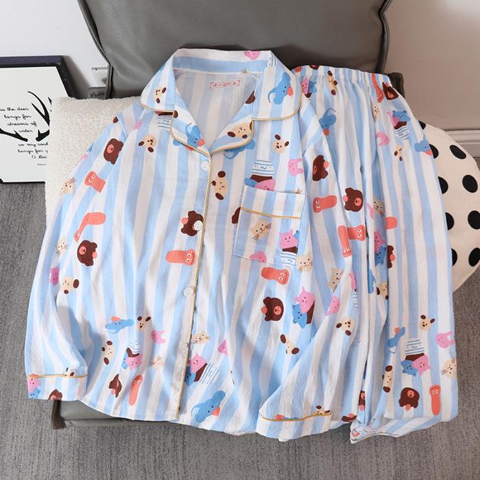 Women's Spring & Autumn Cloud Cotton Pajama Set - Thin Print & Embroidery, Loose Fit, Long Sleeve & Pants Home Wear.
