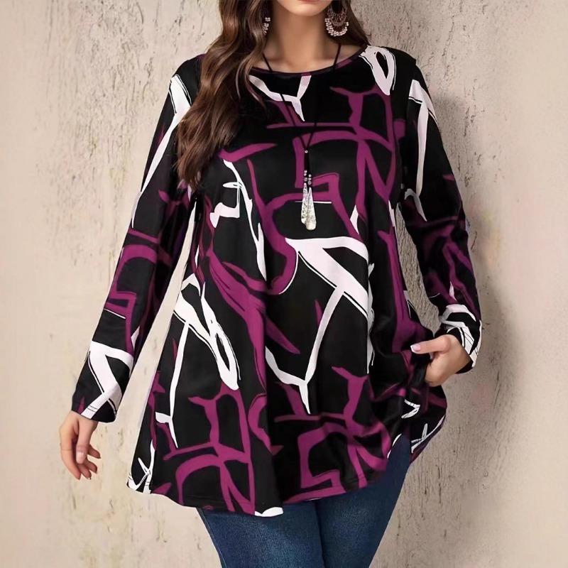 Women's Abstract Geometric Print Long Sleeve Crew Neck Loose Tunic Top