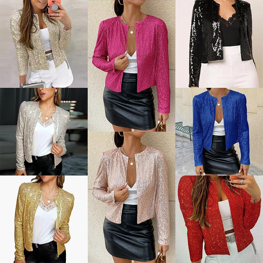 2025 Spring Women's Sequin Cardigan: Versatile Casual Solid Color, Round Neck, Long Sleeve