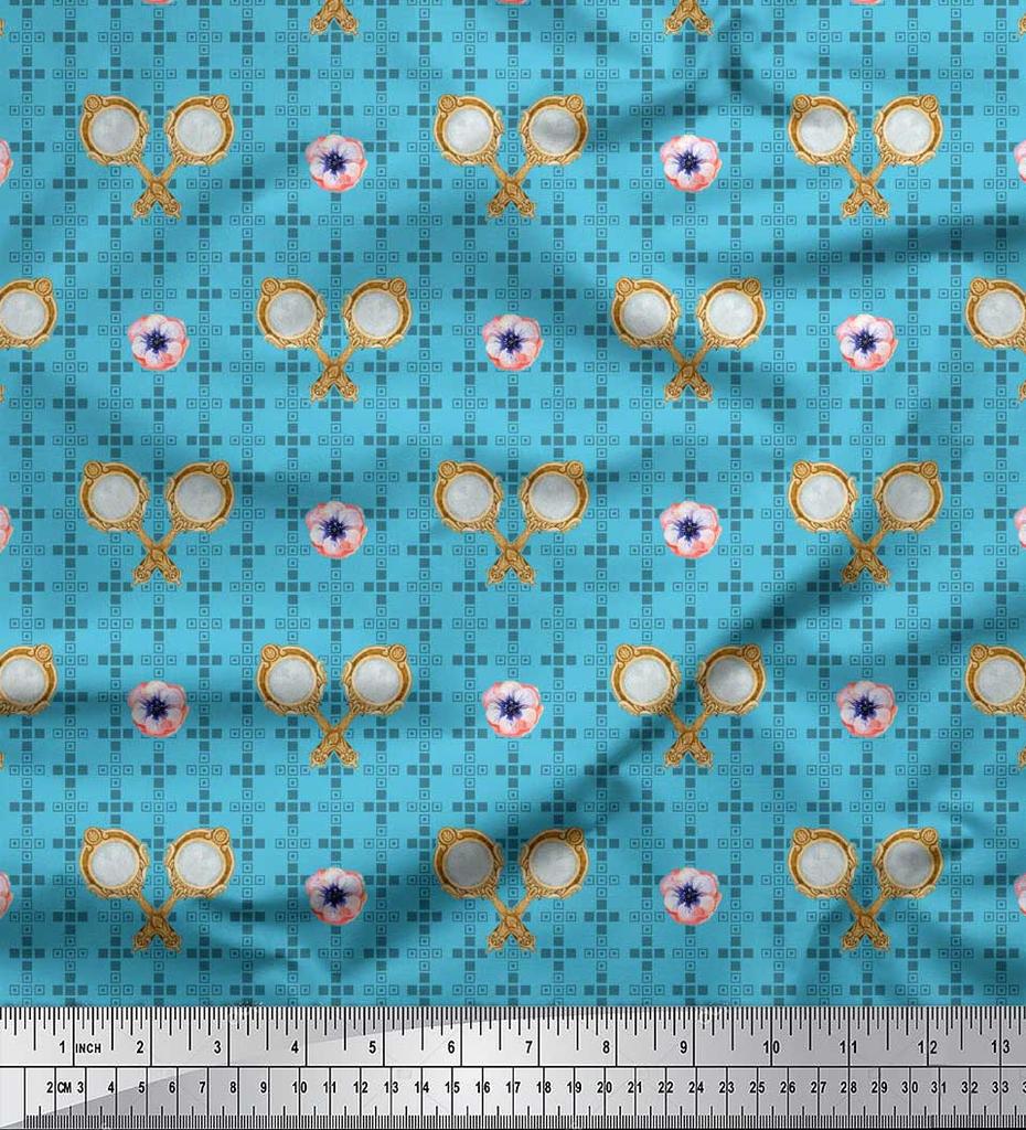 Soimoi Green Japan Crepe Satin Fabric Geometric,Anemone & Hand Mirror Vintage Fabric Prints By Metre 42 Inch