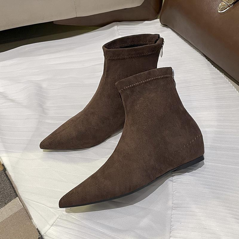 Inner height increase pointed thin boots short boots women's autumn and winter new suede elastic boots French foreign versatile small naked boots
