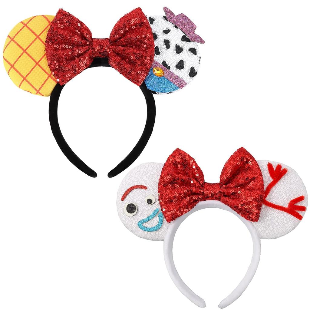 Shiny Sequin Mouse Ear Headbands, 2 PCS Classic Bow Headbands for Adult Women and Girls (Red Sequin & Red Dot)