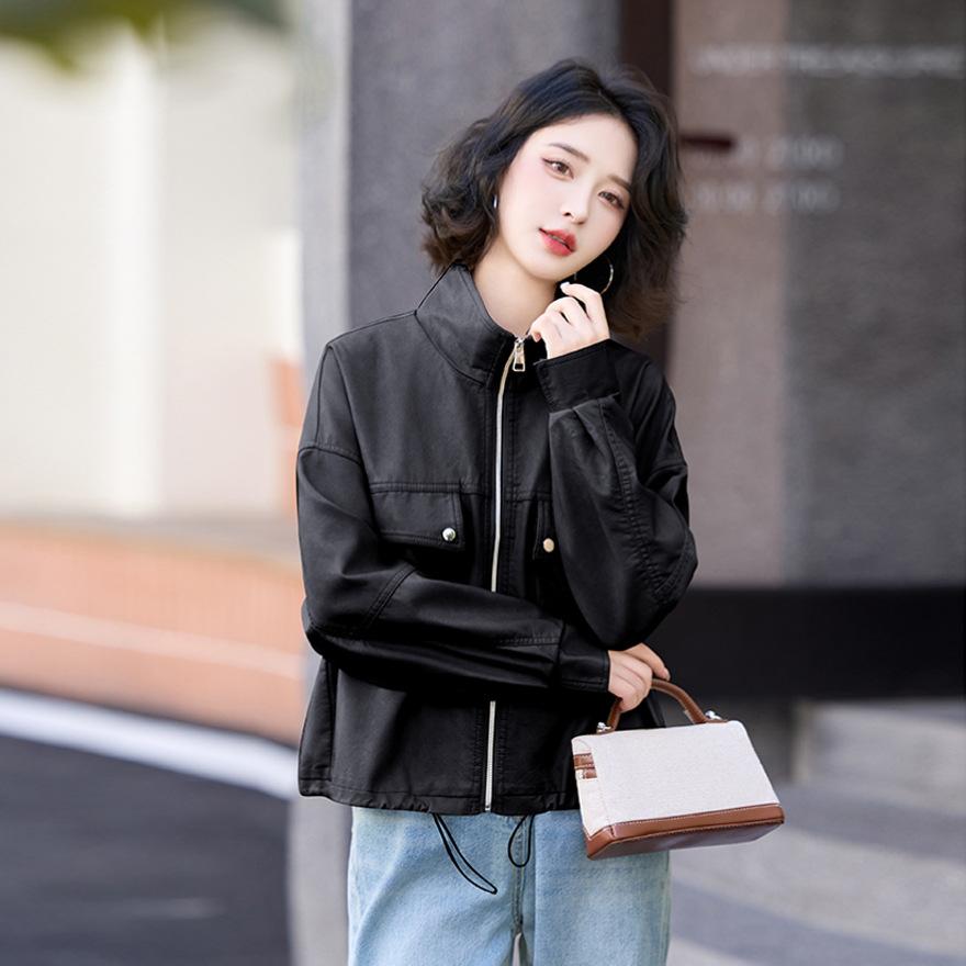 

Черная короткая кожаная куртка женская весна и осень новая уникальная супер красивая куртка мотоциклетный топ XL чёрный