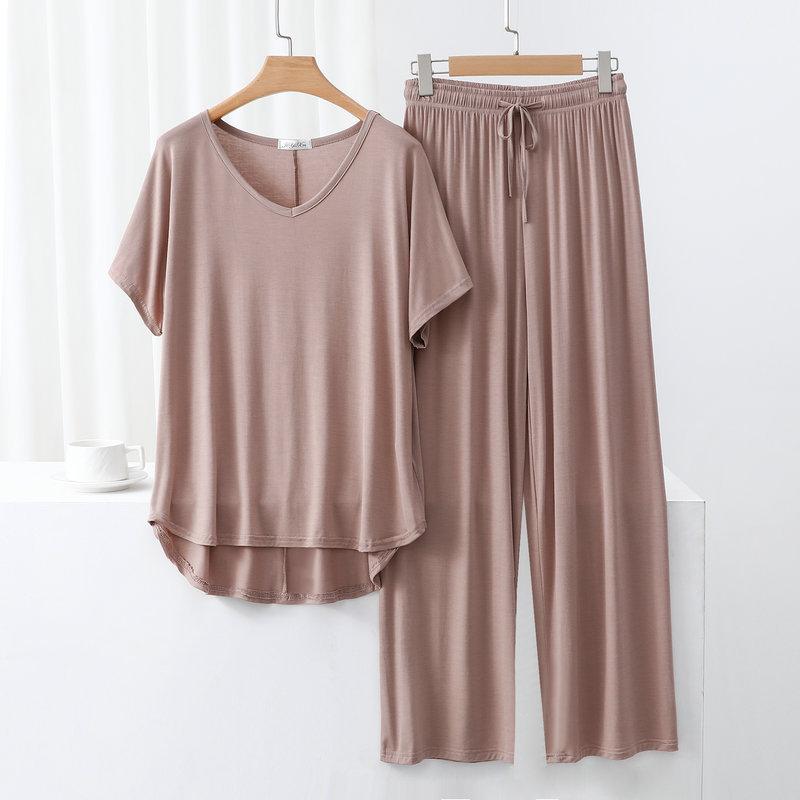 Summer Modal Homewear 2 Piece V-Neck Short Sleeve Tshirt and Wide Leg Pant Ankle Length Loose Sleepwear Set Comfort Pajama Sets