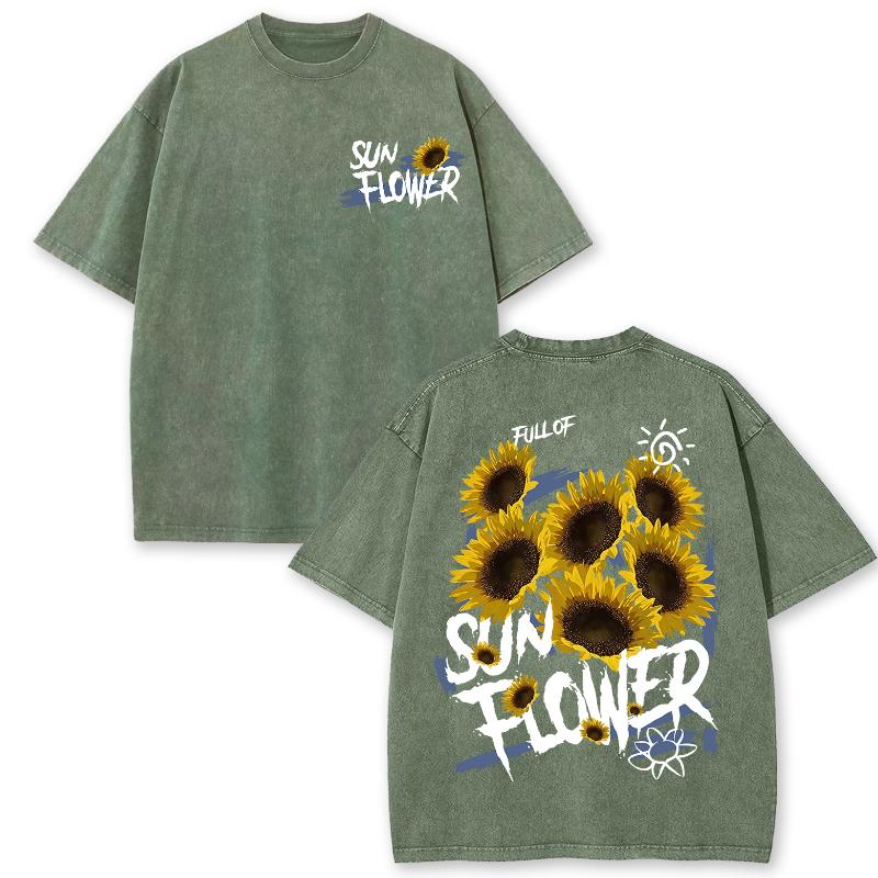 Yellow Cartoon Little Daisy Print Ladies T-Shirt Loose Wash Oversized Short Sleeve American Vintage Street Top Casual Tee