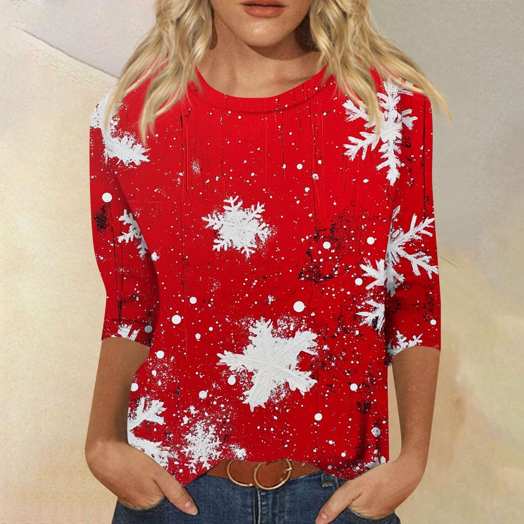 Damenmode, lässiges Oberteil mit sieben Ärmeln und Weihnachtsdruck, Rundhalsausschnitt