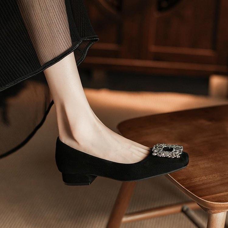Shallow square head black professional single shoes spring new rhinestone ladyshoes