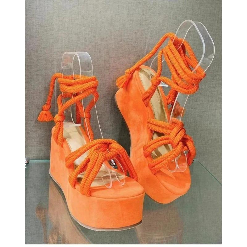 Fashion Summer New Wedge Sandals for Women Round Head Platform Cross Tied Strap Solid Color Height Increase Peep Toe Roman Shoe