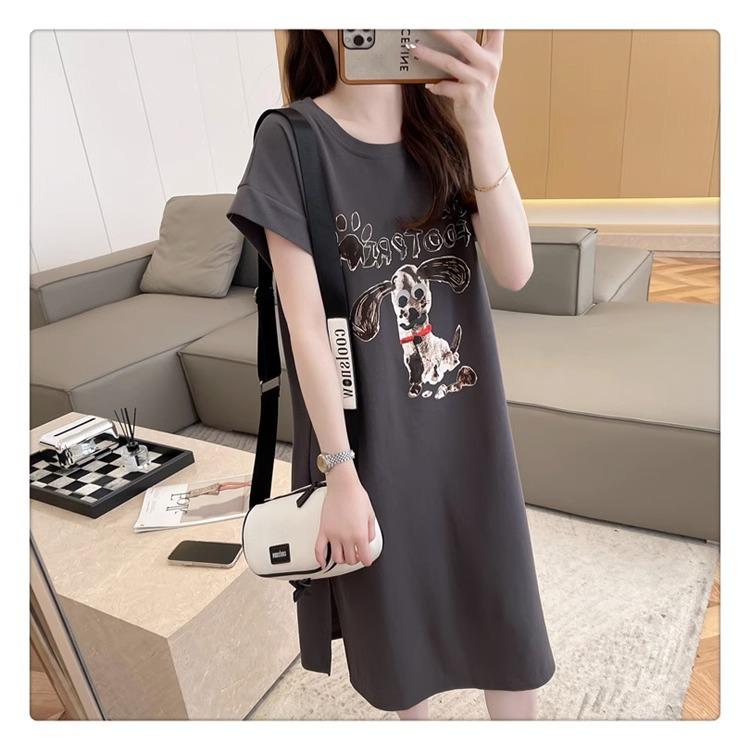 Damen Sommer Koreanische Version von Loose Cartoon Dog Letter Kurzarm T-Shirt Mode Lazy Long Dress