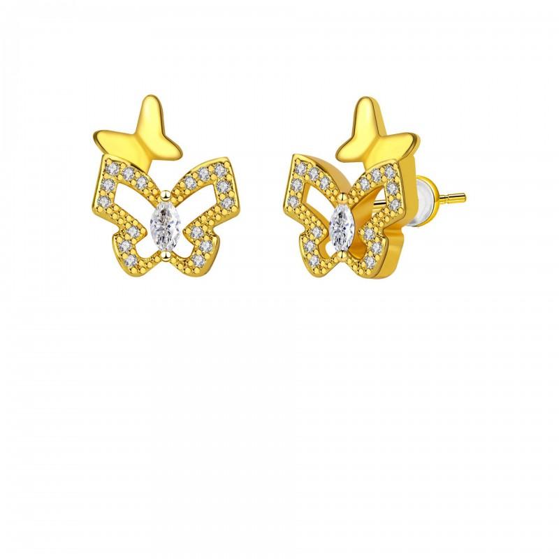 Gold Plated Butterfly Earrings Women Sterling Post Minimalist Chic Dangle Stud Jewelry Gold-plated - White Zircon