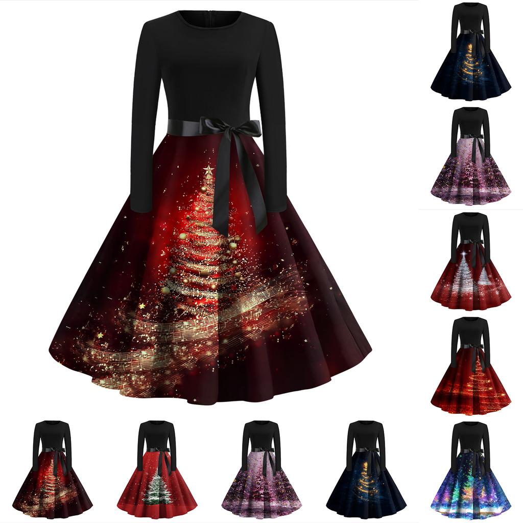 Dámské módní ležérní šaty s kulatým výstřihem a halloweenským potiskem s dlouhým rukávem