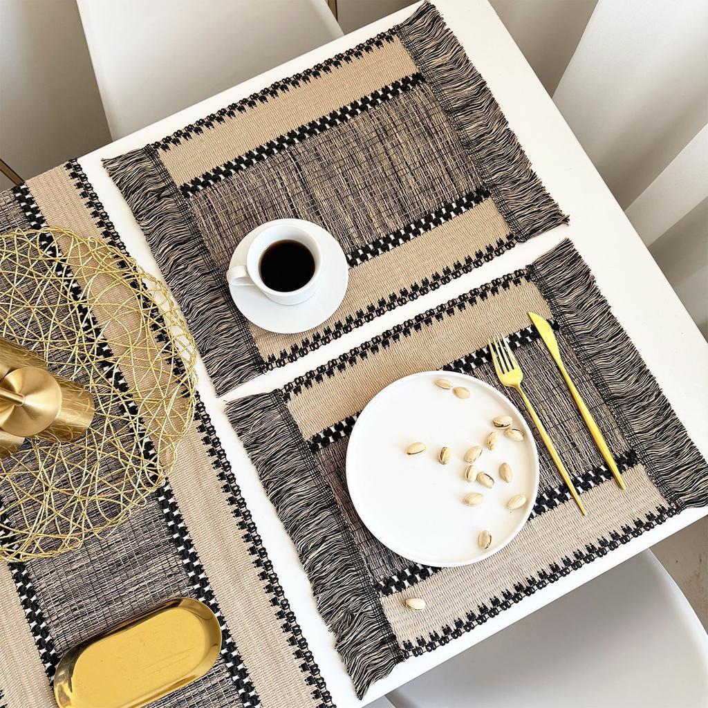 Cotton and linen tassel placemat pastoral variegated woven table flag ins striped thermal insulation pad wide strip cotton and linen color matching