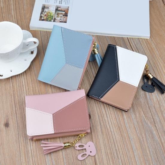 Color Block Women Wallet Slim Card Holder Wallet Bifold Mini Wallet with ID Window Zipper Coin Pocket for Travel Work Daily Use