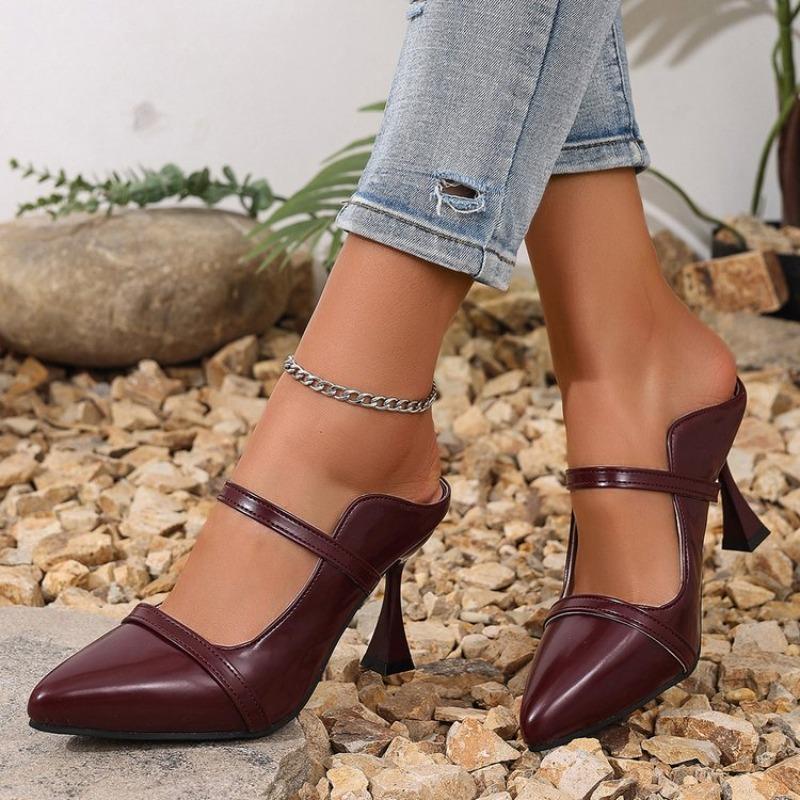 Fashion Burgundy Matte Leather Slippers Slip On Sexy Pointed Toe Stiletto Thin High Heel Straps High Heels Solid Handmade Fashion Shoes